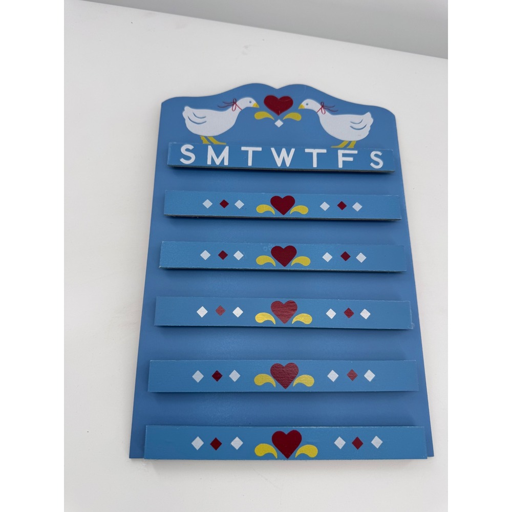 Perpetual Calendar Wood Wall Hanging Blue Folk Art Geese Hearts Vintage New - Picture 3 of 7